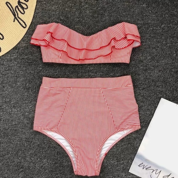 HIGH WAISTED STRIPED RUFFLE BANDEAU BIKINI Set - Picture 2 of 4